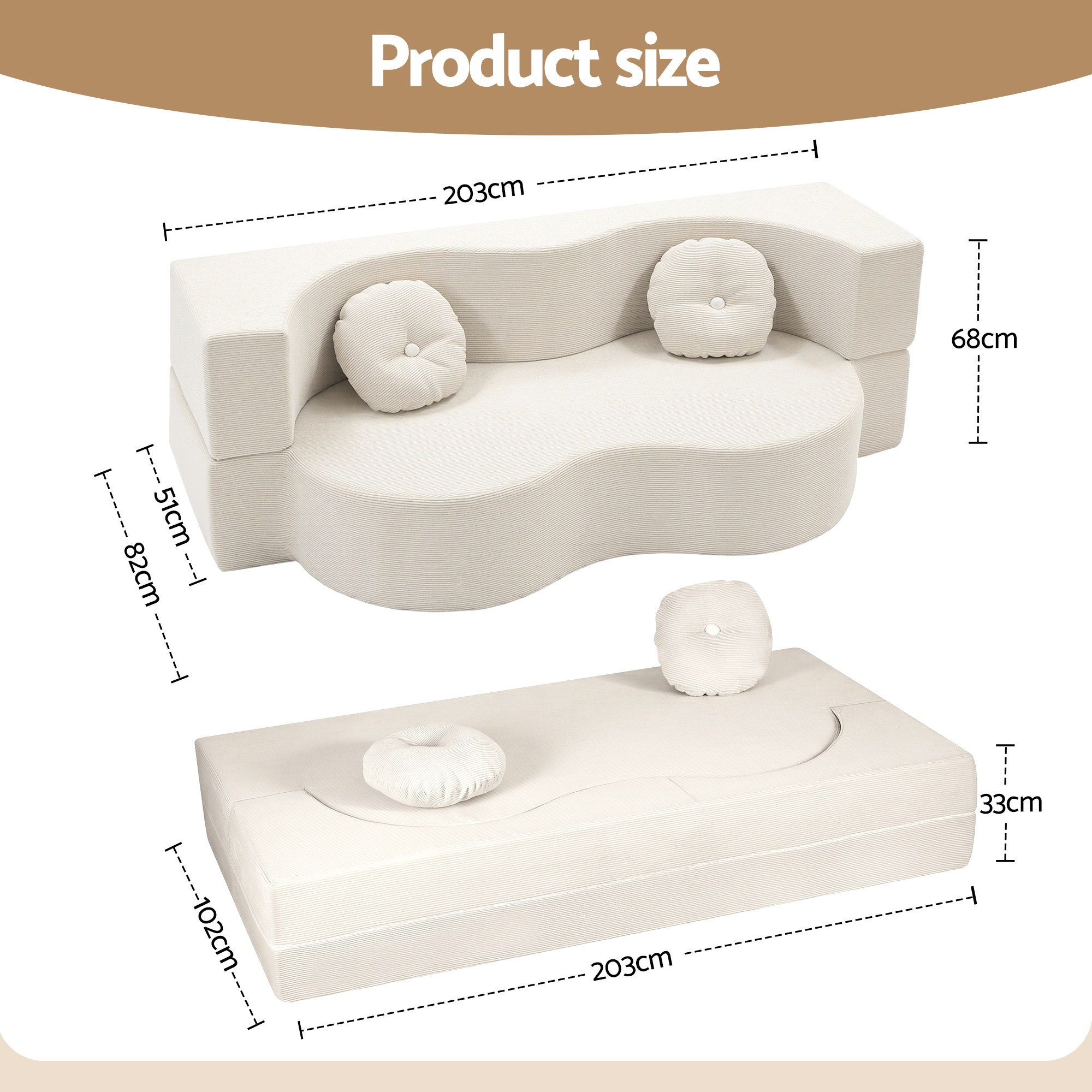 Artiss Folding Sofa Bed Floor Couch 2-in-1 Convertible Futon Loveseat Beige — image 3