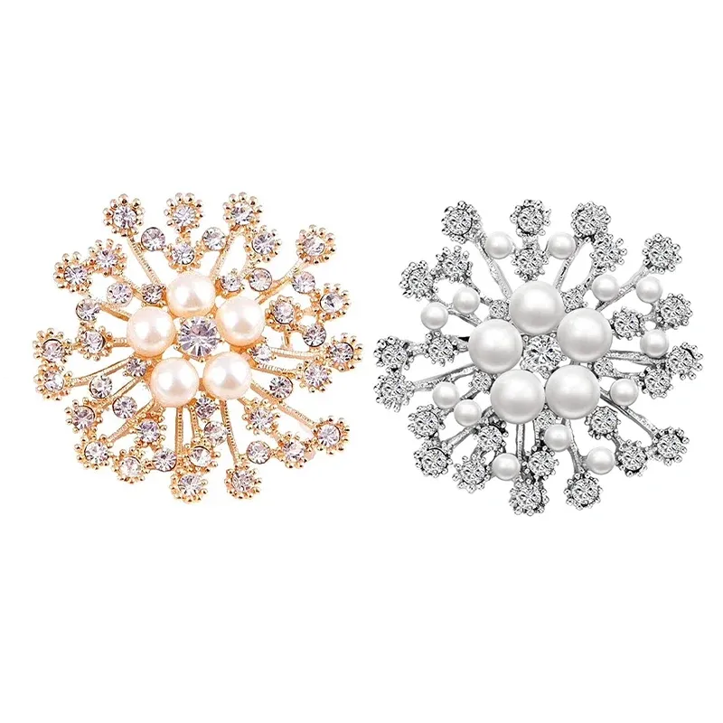 Snowflake Imitation Pearl Brooch Rhinestone Metal Alloy Pin For Coats Dresses - Sliver β image 3