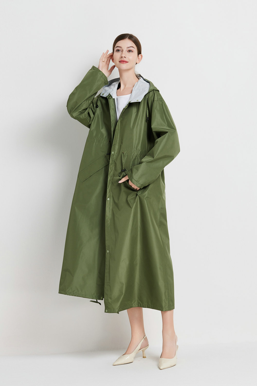 Size XL Green Women's Chic Lightweight Waterproof Raincoat - Long Hooded Packable Rain Jacket with Pouch โ image 5