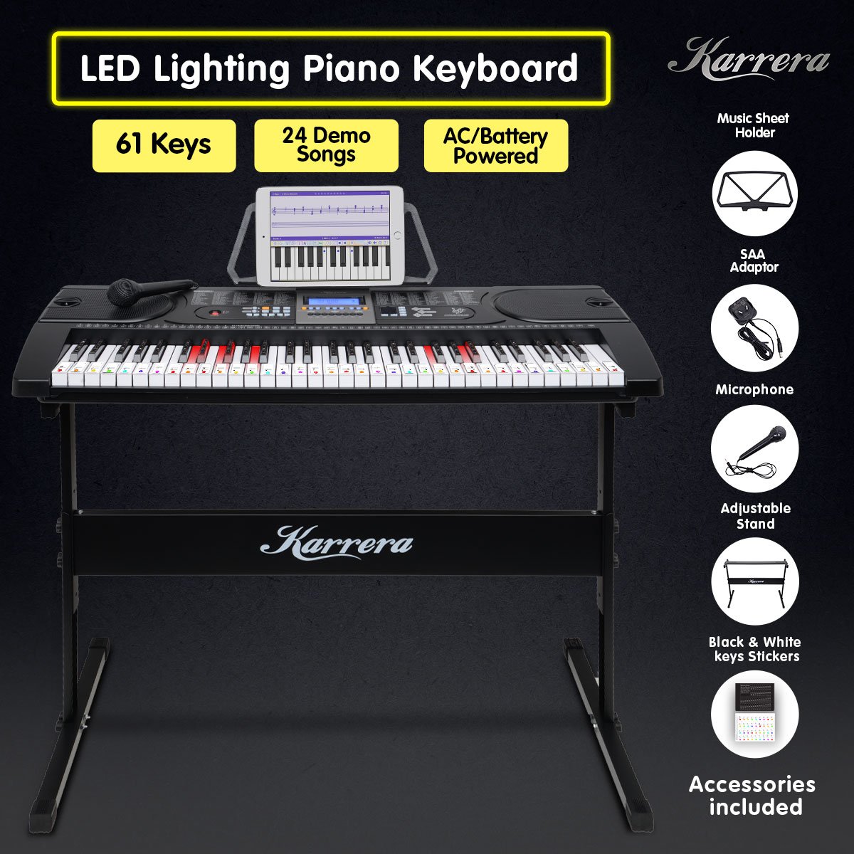 Karrera 61 Keys Electronic LED Keyboard Piano with Stand - Black โ image 2