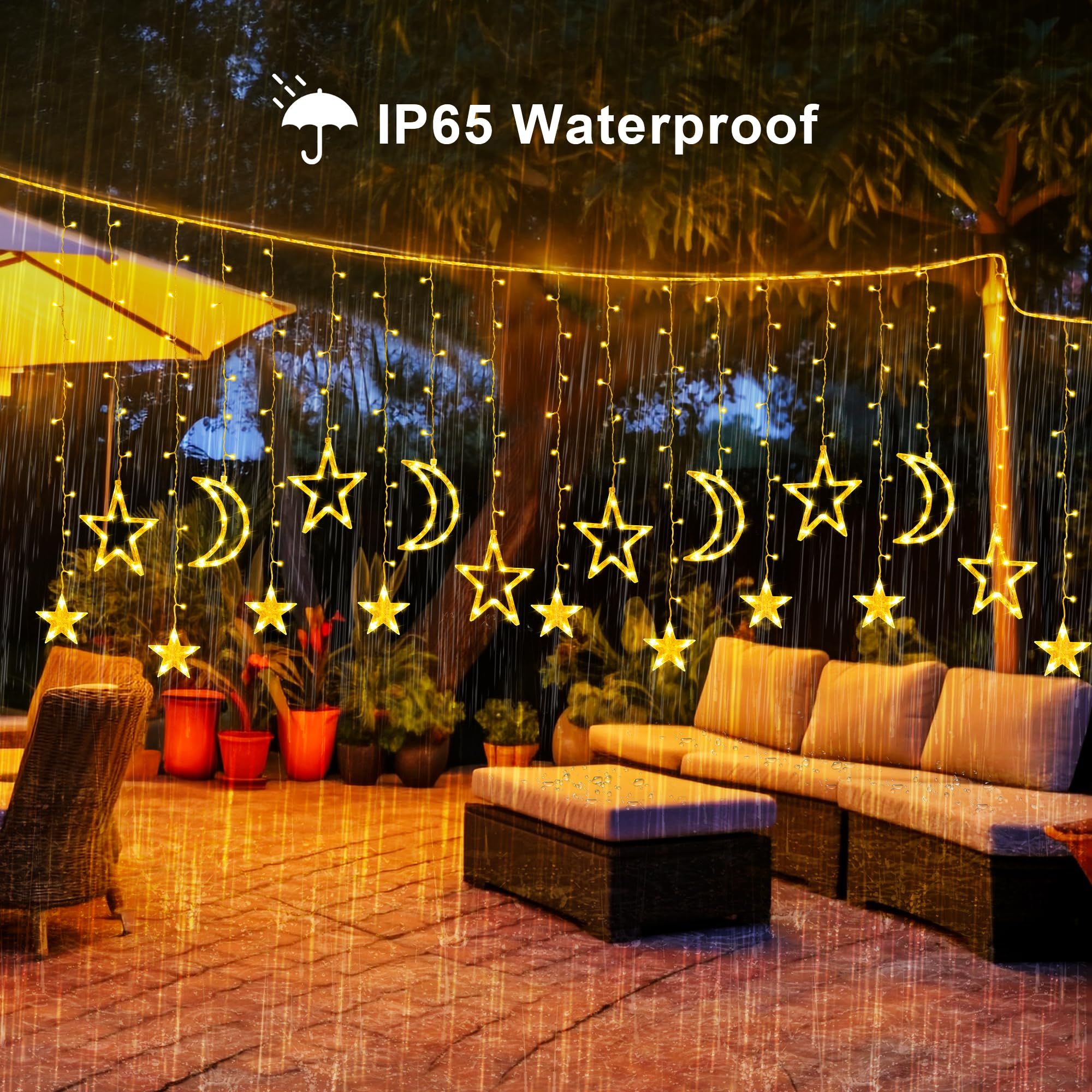 Solar Curtain Lights 138*LEDs, Star Moon Ramadan String Lights with 8 Lighting Mode, Waterproof Solar Powered Twinkle Hanging โ image 4