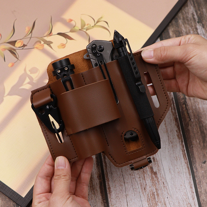 2-piece Black Outdoor EDC Tactical Tool Waist Bag - Multi-Functional Belt Storage Pouch with Flashlight, Copper Sleeve, and Survival Knife Holder โ image 2