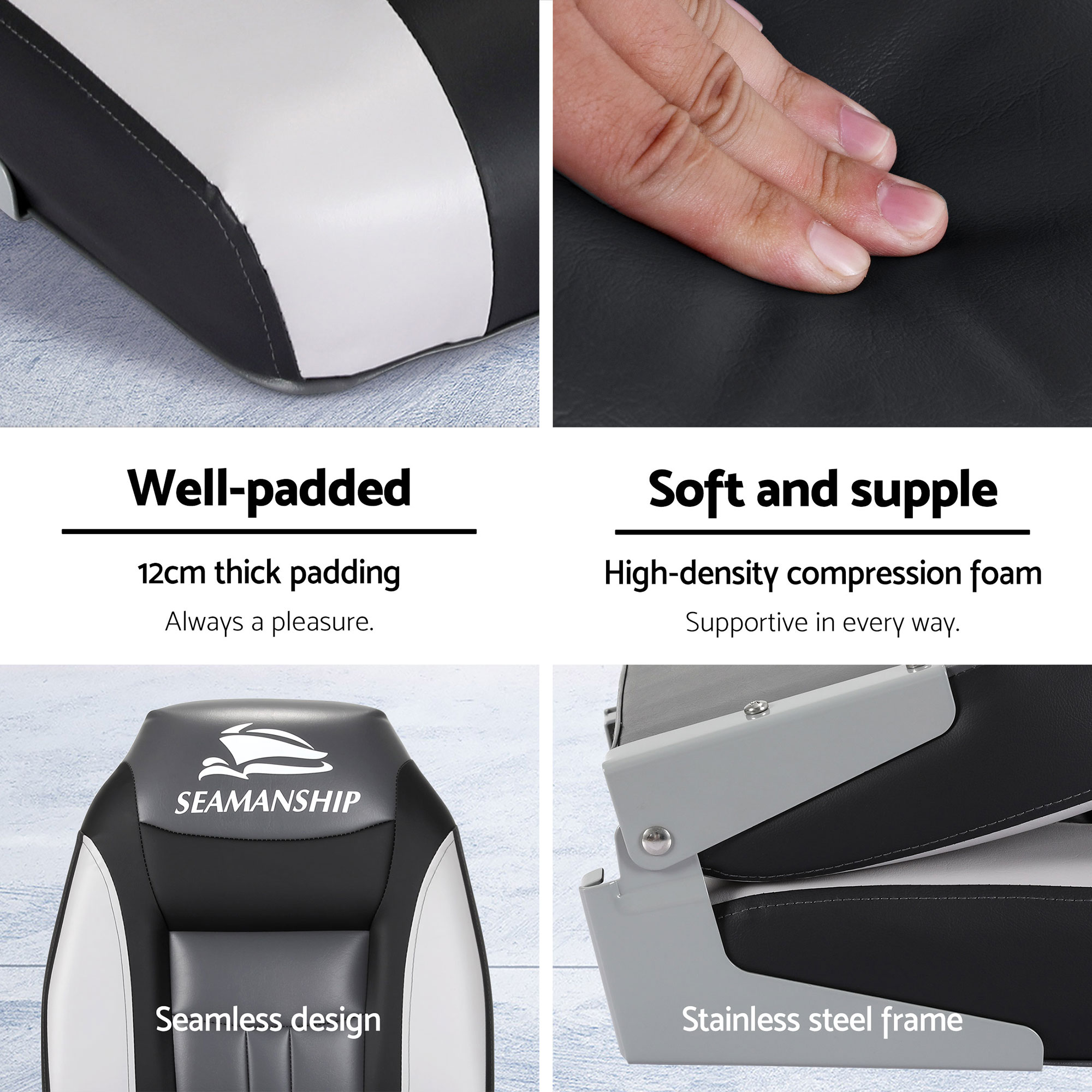Seamanship 2X Folding Boat Seats with 2X Adjustable Pedestals 55–75cm Marine Seat Swivel High Back 12cm Padding Black — image 4
