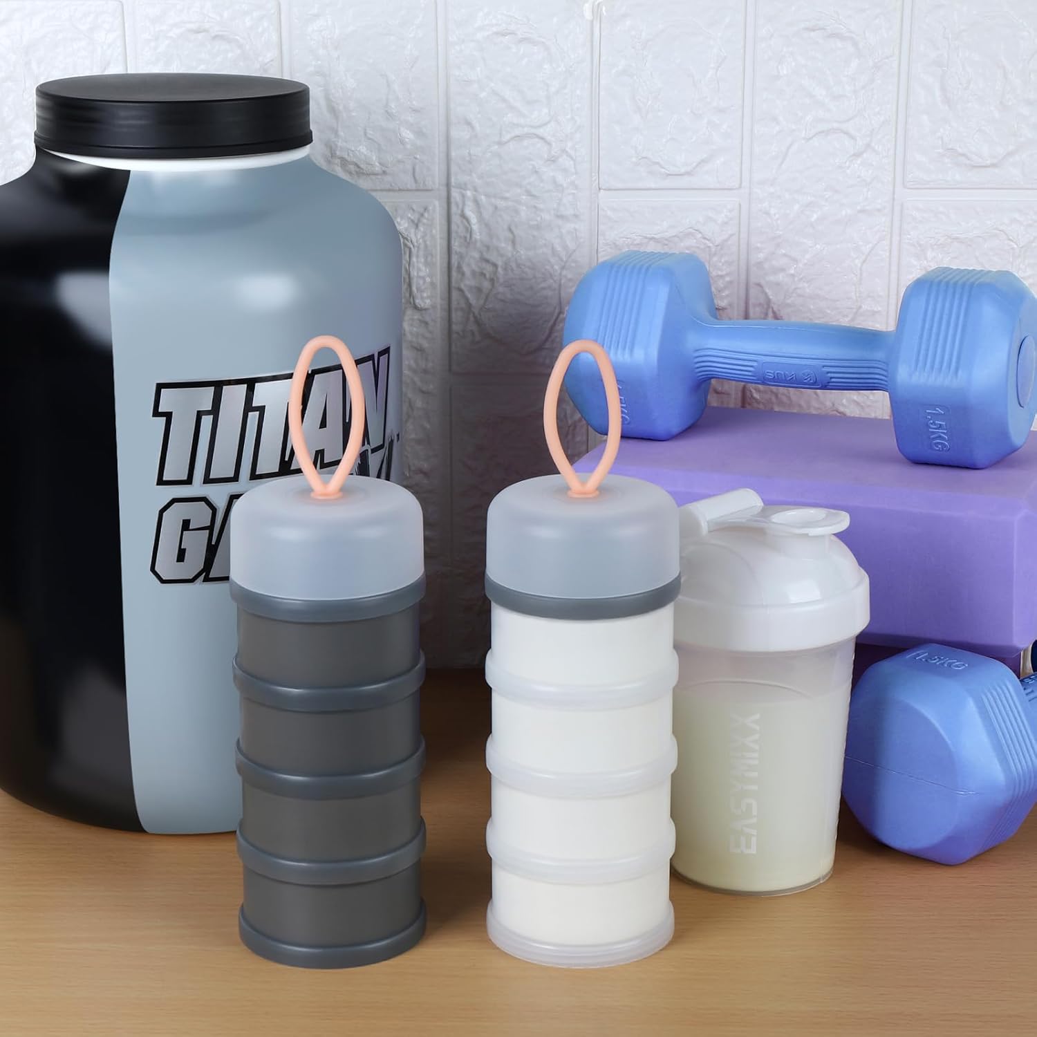 2 Pcs Protein Powder Container to Go with Funnels Stand, 4 Compartments Stackable Protein Powder Dispenser for Workout, Fitness, Travel — image 4