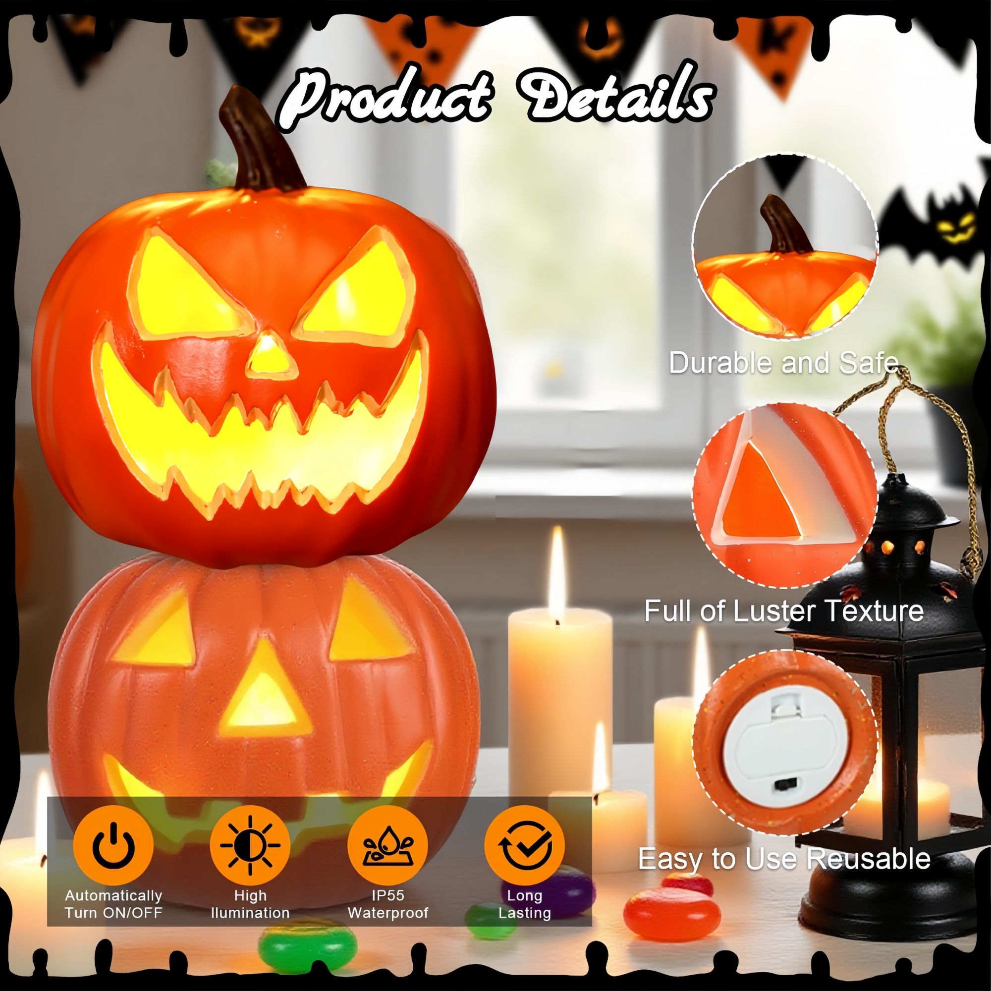 Halloween Decoration Set – Light-Up Pumpkin Lamp,128 Pcs Halloween Party Balloon Garland Arch Kit & Hand Pump for Indoor Outdoor Halloween Porch,Fireplace — image 3