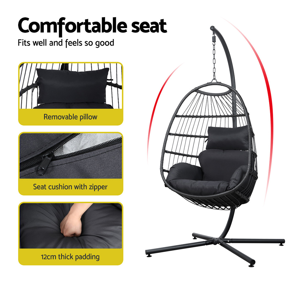 Gardeon Outdoor Egg Swing Chair Hanging Chair Wicker Rope Pod Stand Foldable Grey โ image 4