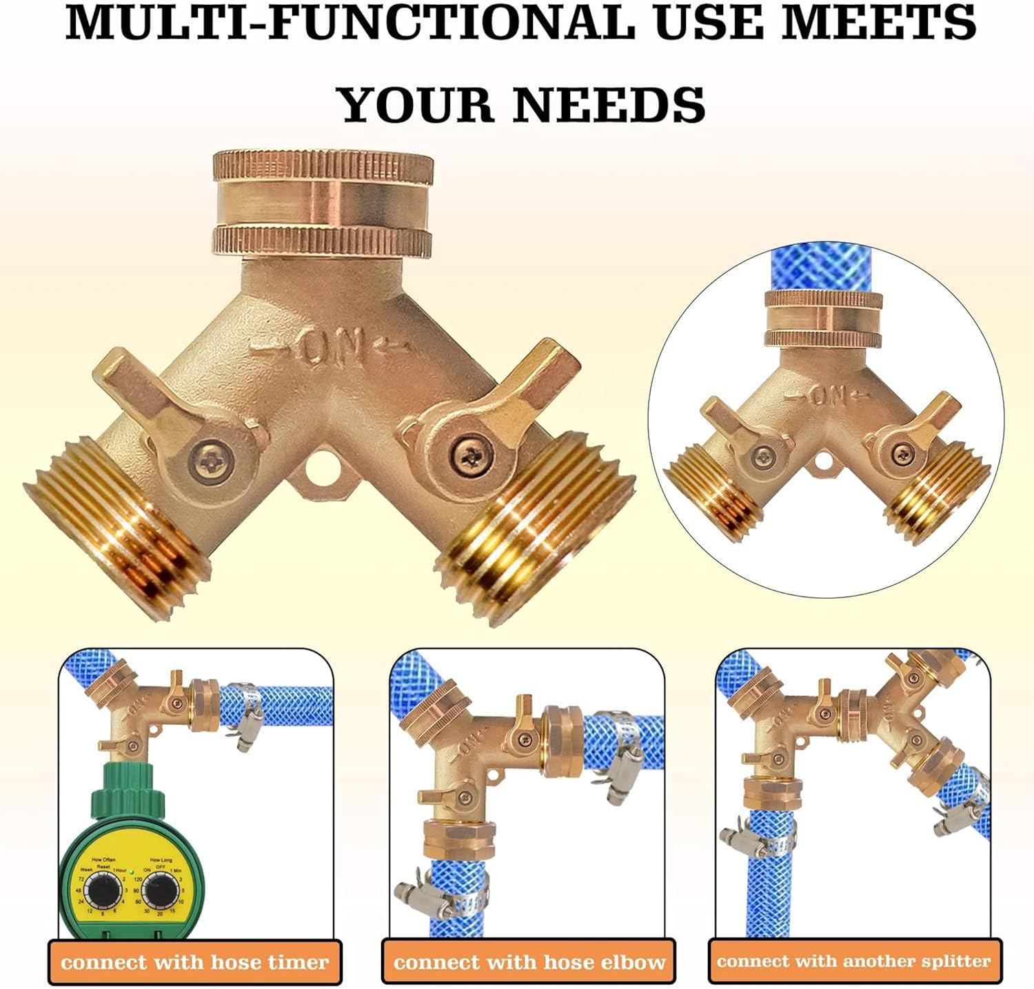 2 Way Hose Splitter, 3/4" Brass Hose Y Splitter with 2 PCS Garden Hose Extension Hose Coiled Spring Protectors and 6 Rubber Washers — image 3