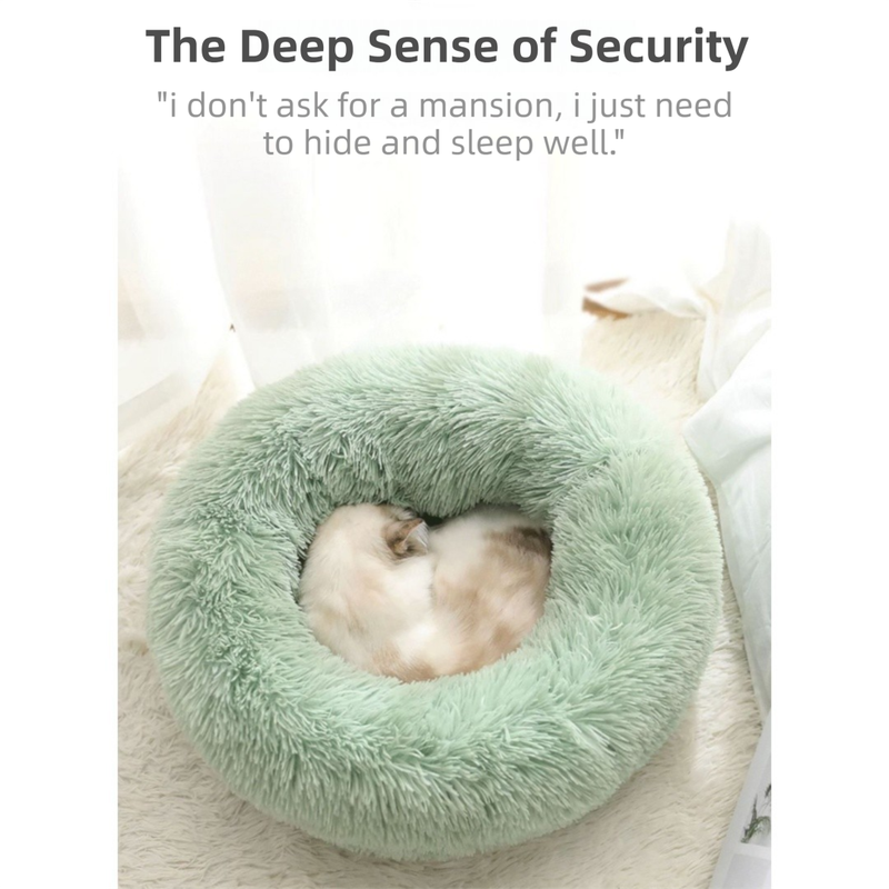 Green Cozy Donut Long Plush Cat & Dog Calming Bed(Diameter 50cm) - Double-Layer PP Cotton Filling Warming Pet Bed with Anti-Slip Base & Free Blanket โ image 3