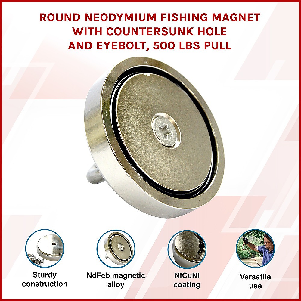 Round Neodymium Fishing Magnet with Countersunk Hole and Eyebolt, 500 LBS pull โ image 3