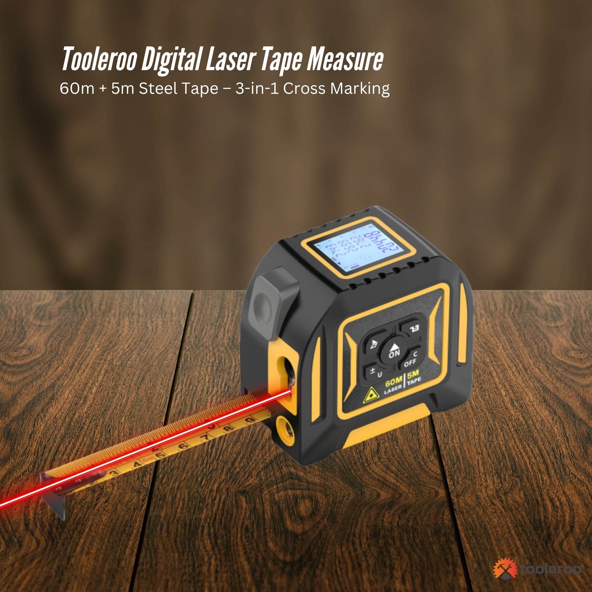 Tooleroo 60m Digital Laser Tape Measure + 5m Steel Tape – 3-in-1 Cross Marking — image 2