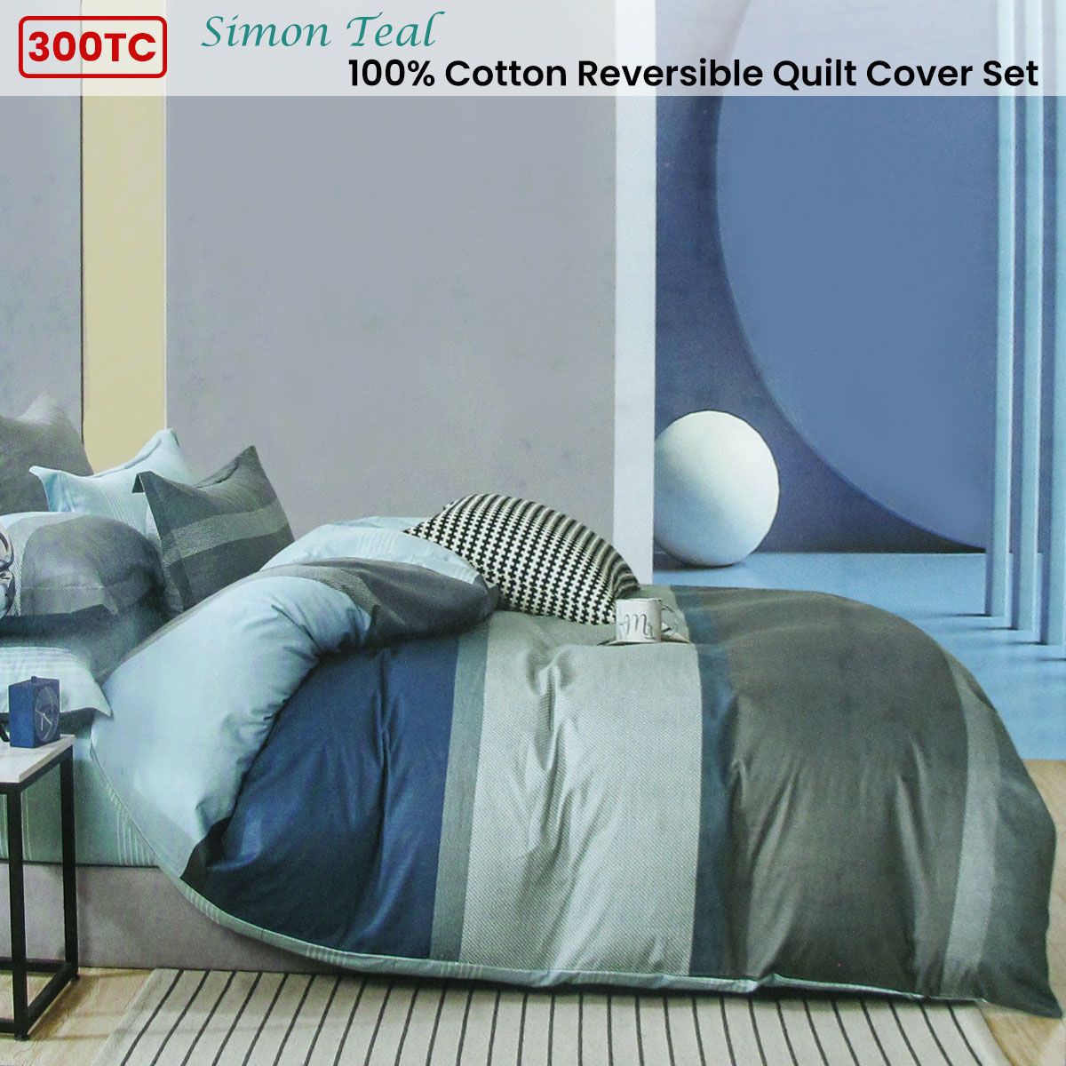300TC Simon Teal Reversible Cotton Stripes Quilt Cover Set Queen — image 2