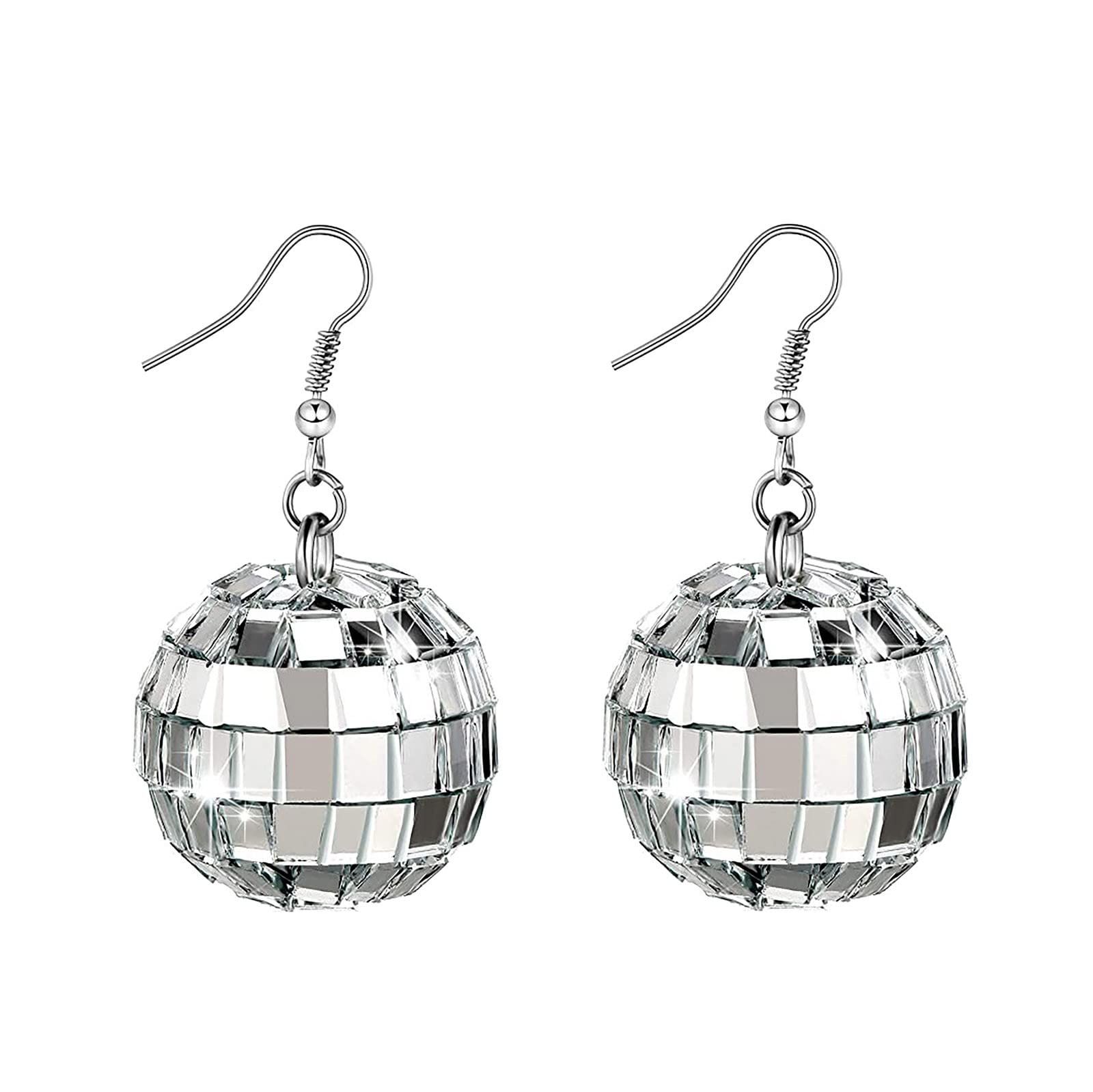 Ball Earrings Silver Mirror Disco Ball Drop Dangle 30MM Ball Earrings Dance Party Costume Accessories for Women Girls