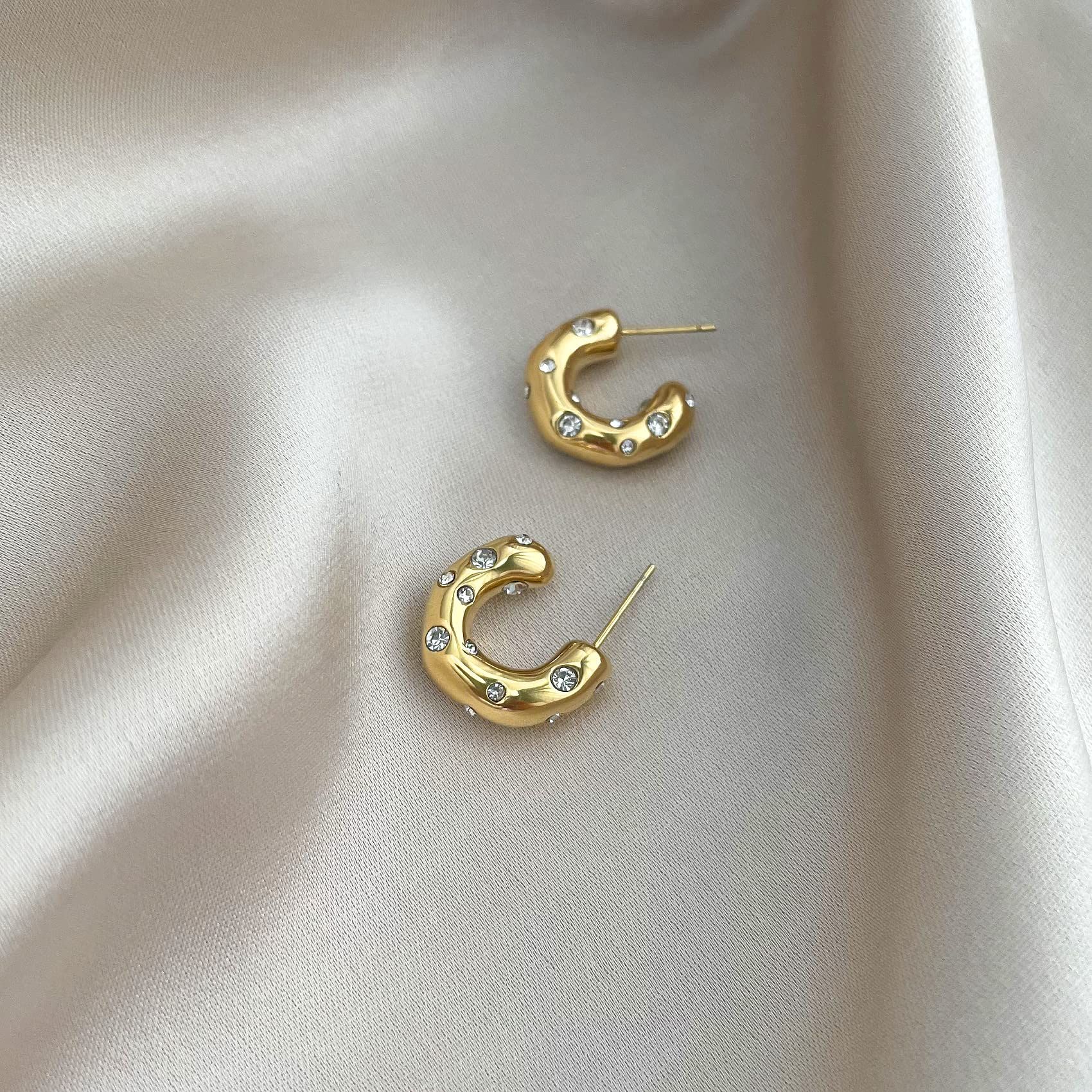Gold Plated Pearl C-shape Stud Earrings, Gold Vermeil Clear Cubic Zirconia Earrings, Half Hoop Earrings for Women — image 4