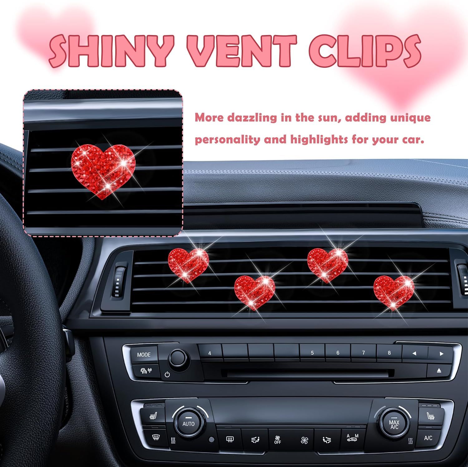 4PCS Heart-Shaped Car Vent Clips with Rhinestone,Bling Air Vent Clips Car Decorations,Premium Shiny Car Clips for Vents Accessories Interior (Red) — image 4
