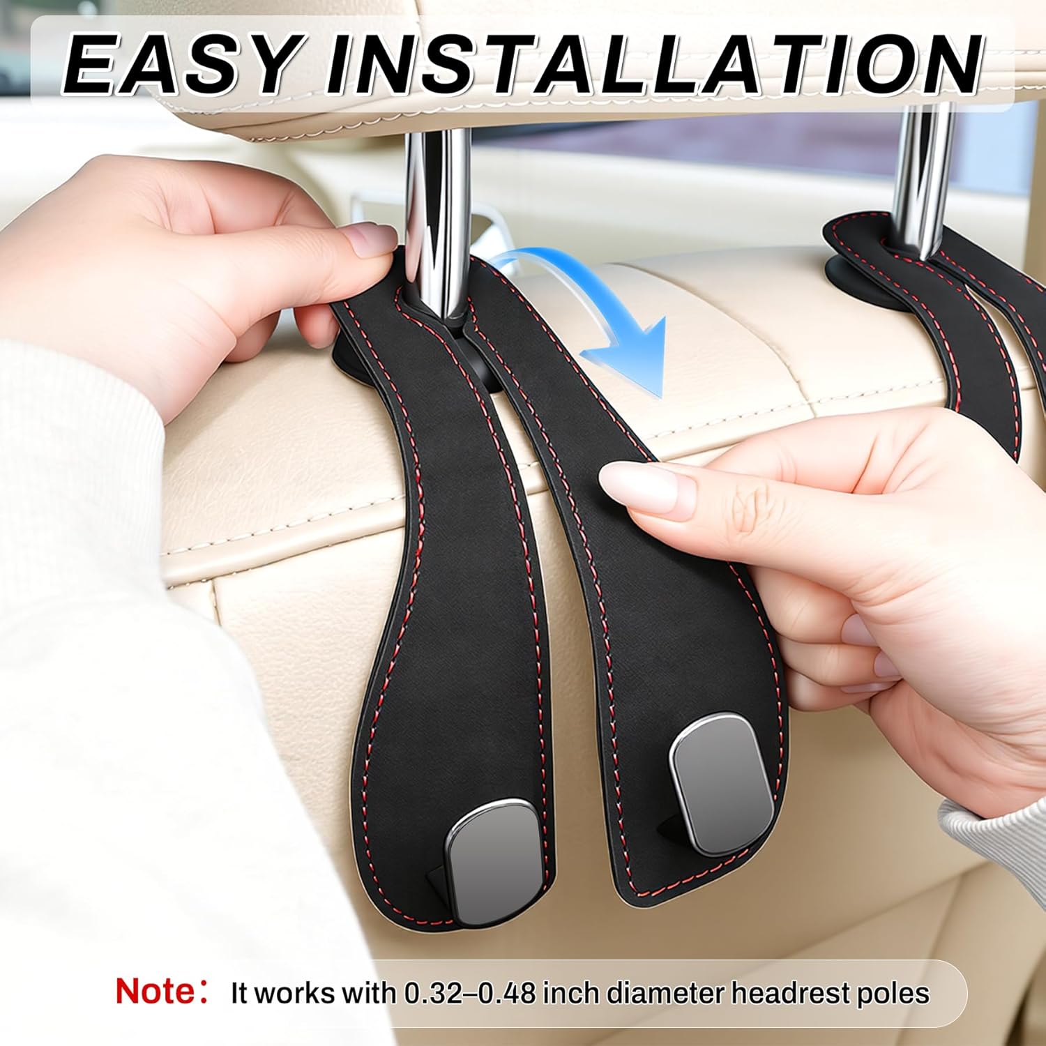 2PCS Car Purse Holder Hook, Seat Back Storage Leather-Wrapped Alloy Double Headrest Hook for Purses & Bags, Cute Interior Accessories Women and Men, Black — image 4