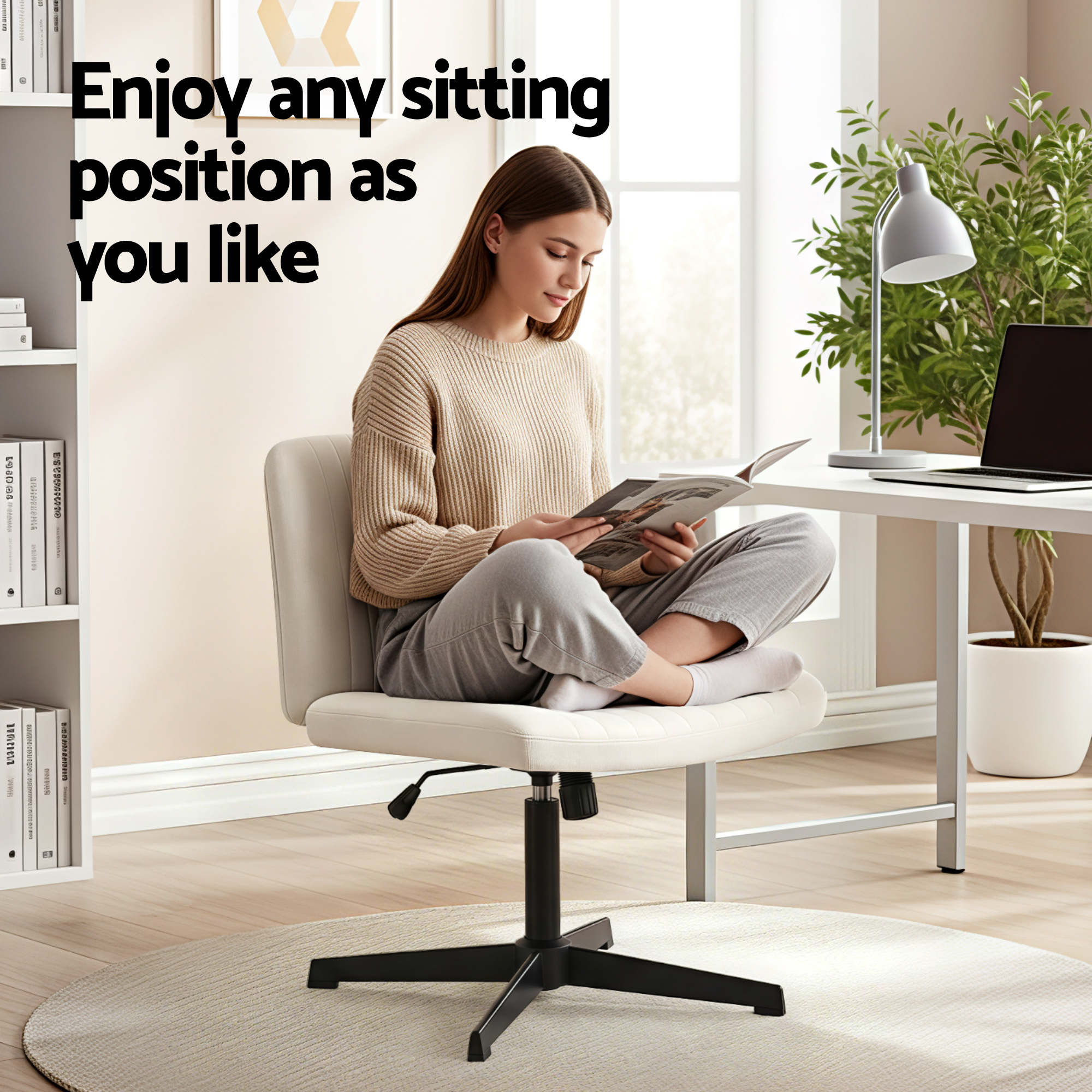 Artiss Criss Cross Chair No Wheels Fabric Wide Cross Legged Office Desk Vanity Chair Armless, Height Adjustable, Swivel Home Office Chair for Home — image 5