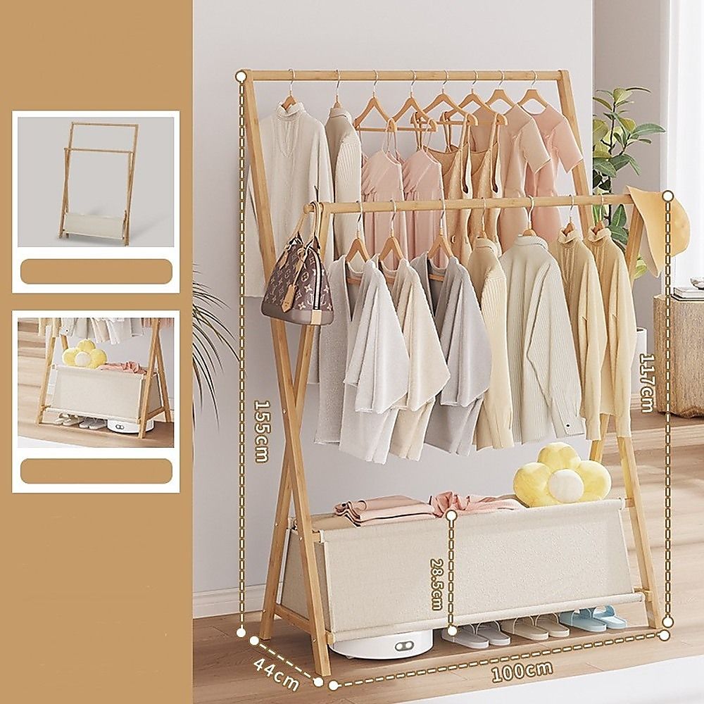 100x155cm Wood Clothes Rail Garment Rack with Freestanding Storage Shelf โ image 4
