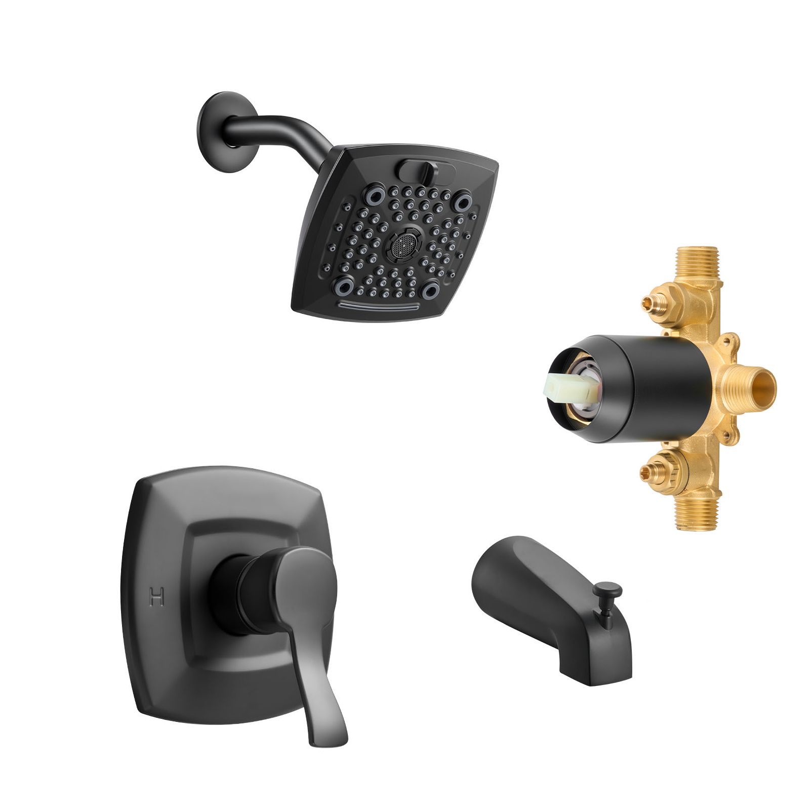 Tub and Shower Faucet Set, Complete with 130 mm Rainfall Shower Head and Bathtub Spout, 5-Setting Adjustable Spray, Single-Handle Tub Trim Kit with Brass
