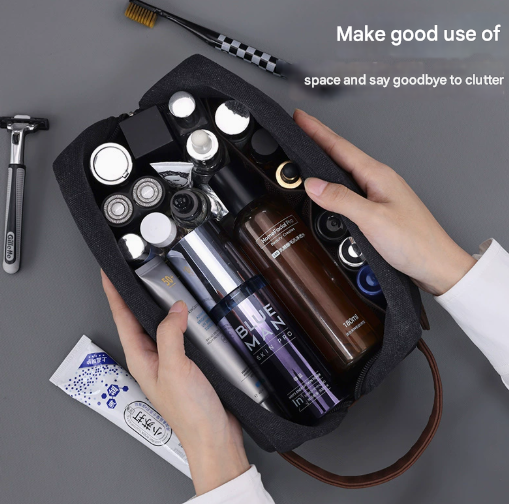 Khaki Men's Vintage Canvas Toiletry Bag PU Leather Accent Travel Wash Pouch Large Capacity Shaving Kit Organiser โ image 3