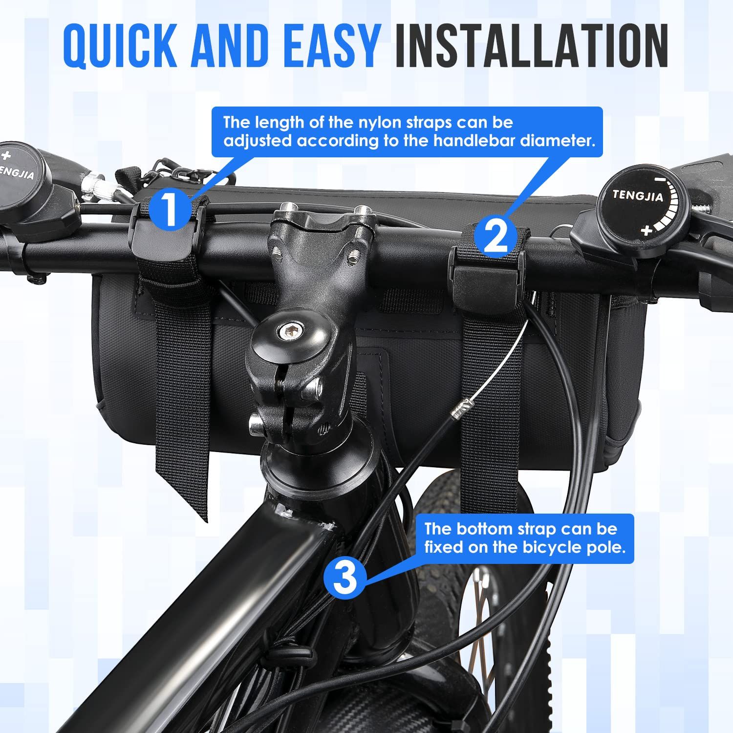 Bike Handlebar Bag Waterproof - Bicycle Handlebar Roll Bag with Large Reflective Area, Bike Front Pouch with Waterproof Zipper Shoulder Strap Removable Straps โ image 4