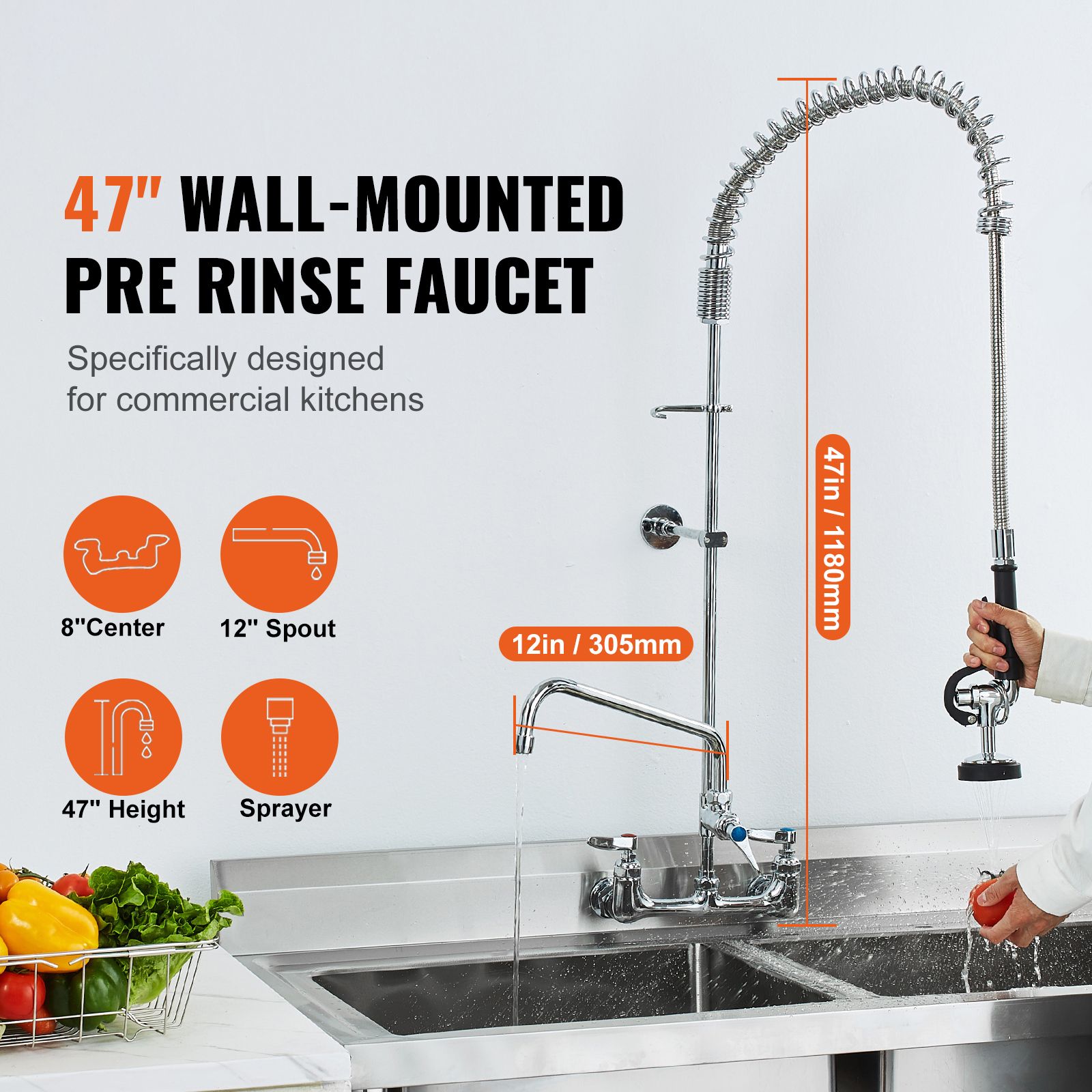 Commercial Faucet with Pre-Rinse Sprayer, 47" Height, 8" Center, 12" Swing Spout, Wall Mount Kitchen Sink Faucet, Brass Constructed Device with Pull Down — image 2