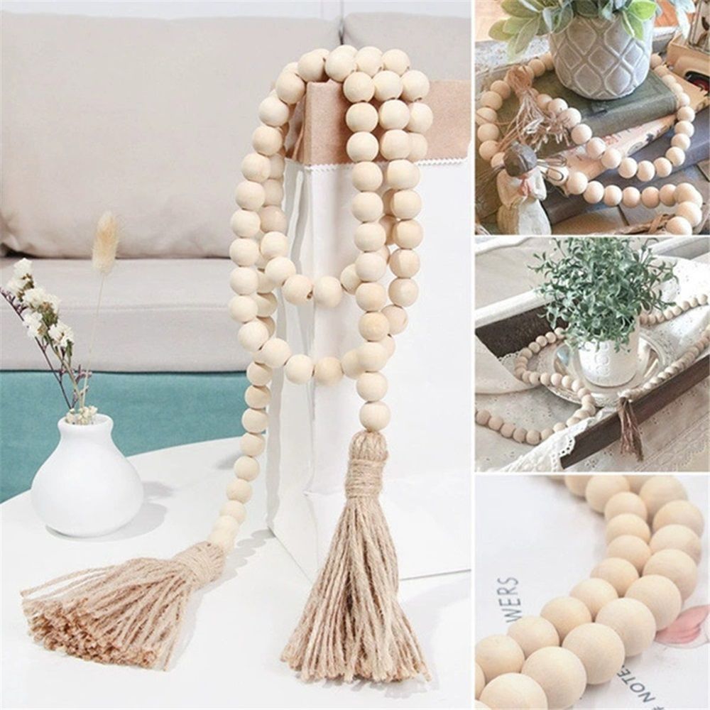 2 pack 58in Wood Bead Garland with Tassels, Farmhouse Rustic Country Decor Prayer Boho Wall Hanging Decoration (Nature) — image 5