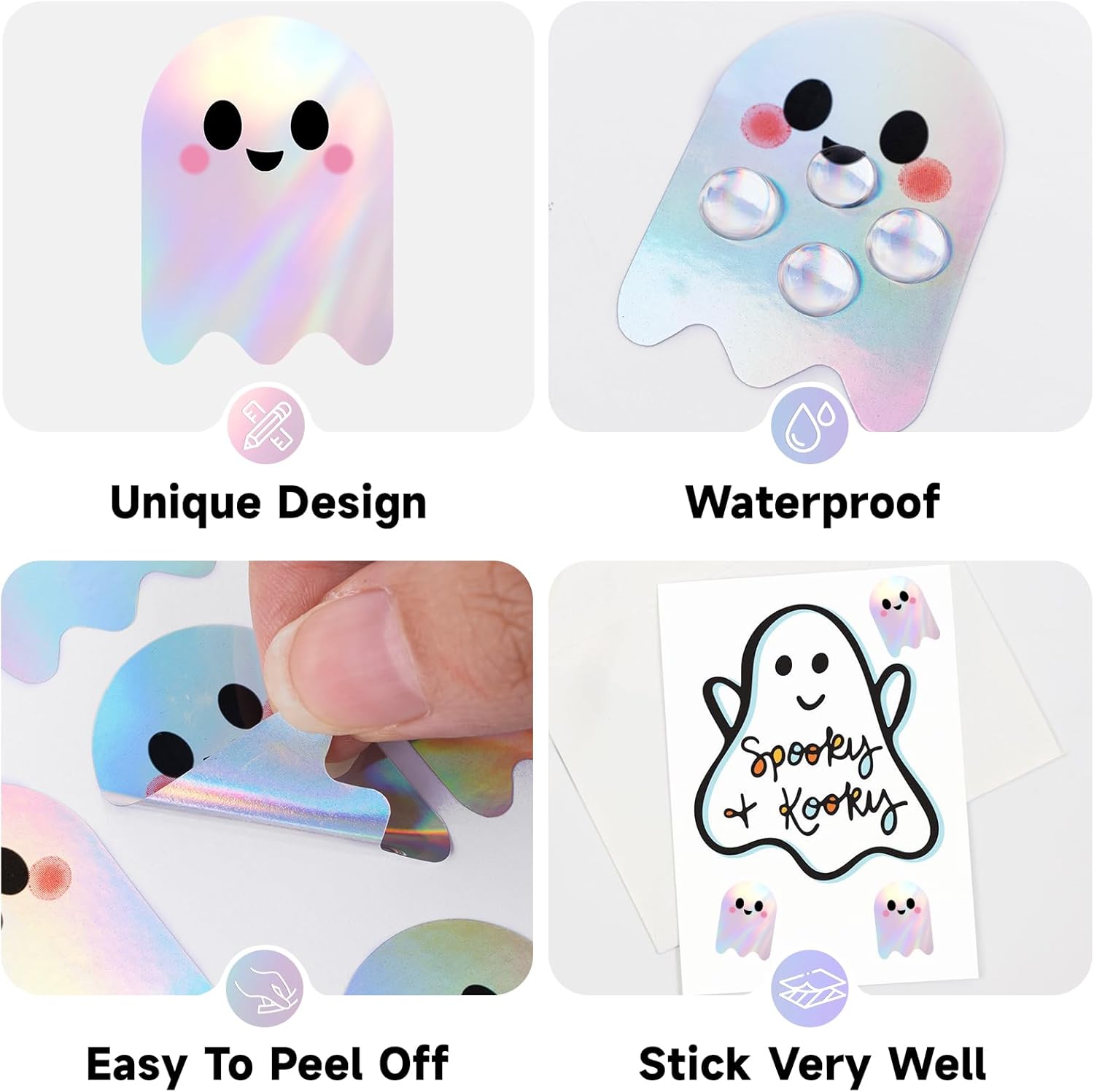 600Pcs Halloween Ghost Stickers - Cute Halloween Stickers Holographic Happy Halloweens Party Favor Sticker Self Adhesive Ghost Face Label Sticker for Envelope — image 3