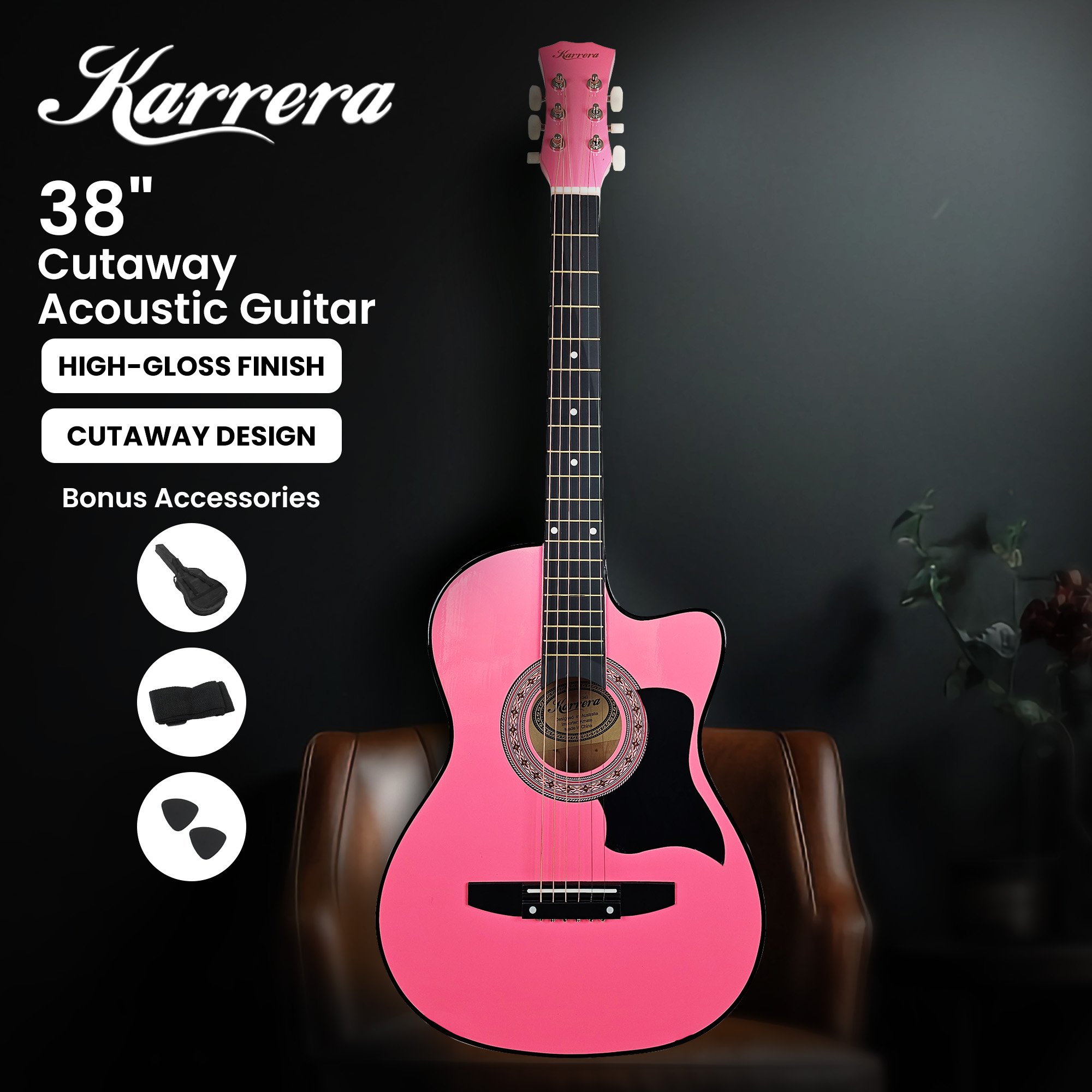 Karrera 38in Cutaway Acoustic Guitar with guitar bag - Pink — image 3