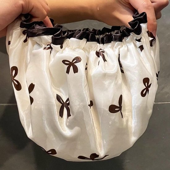 Double Layer Waterproof Shower Cap for Women & Girls – Reusable, Elastic & Comfortable with Print (White) — image 2