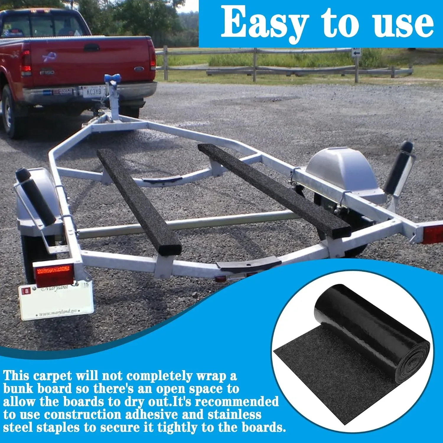Boat Trailer Bunk Carpet Roll, Felt Marine Padding with Anti Slip PE Backing, Black 20 Ft x 8 In — image 5