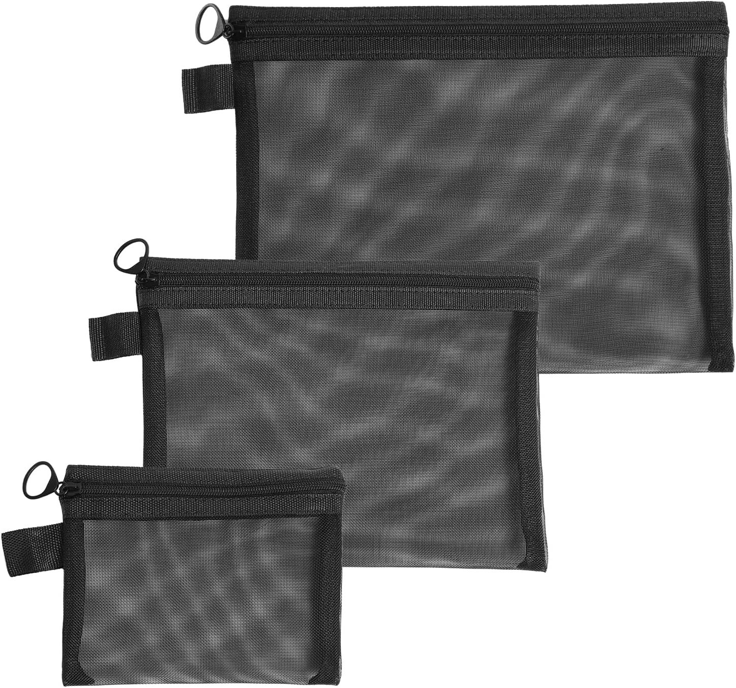 3 Pack Mesh Cosmetic Pouches with Zippers, Lightweight Makeup and Toiletry Organiser Bags for Daily Essentials, Travel and Small Accessories, Black