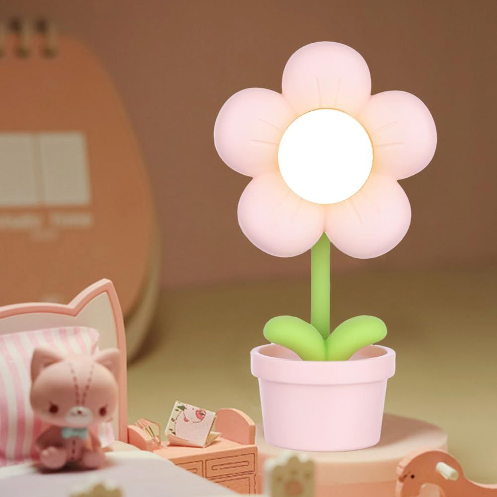 Cartoon Flower Night Light Battery Operated, Creative Bedside Lamp Adjustable Cute Flower Light Kids Bedroom Decor (Pink) — image 5