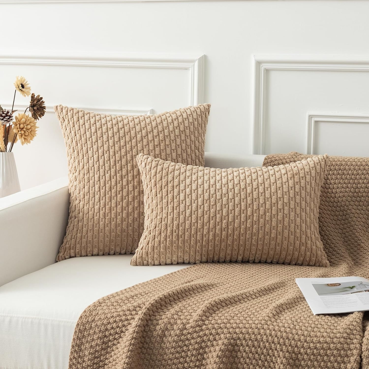 2 Pack Striped Velvet Corduroy Pillow Covers, Decorative Throw Cushion Cases for Couch, Sofa and Bed, 22 x 22-Inch, Tan โ image 4