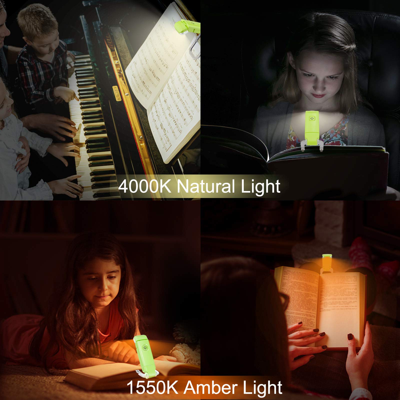 Rechargeable LED Book Light with Dimmable Warm White & Amber Modes – USB-Powered Clip-On Reading Lamp for Books, Sheet Music & Travel (Green) — image 4