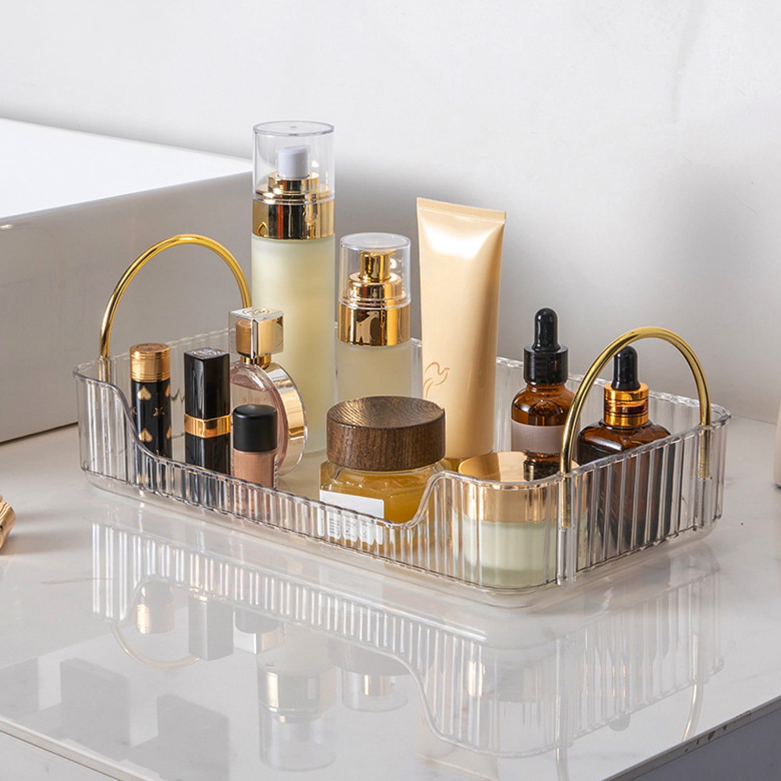 Bathroom Organizer Countertop, Vanity Tray for Skincare Makeup, Counter Organizer, Transparent Ribbon Handle Storage Rack, for Cosmetics, Toiletries, Lotions