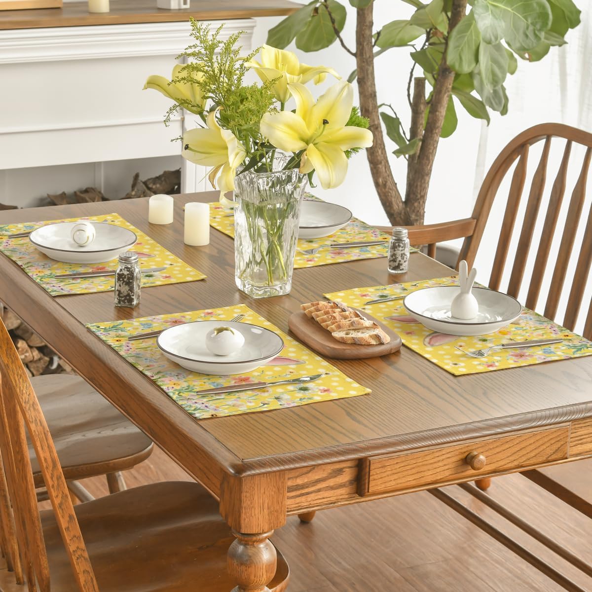 Yellow Bunny Polka Dot Easter Placemats Set of 4, 12x18 Inch Flower Seasonal Spring Holiday Table Mats for Party Kitchen Dining Decoration โ image 4