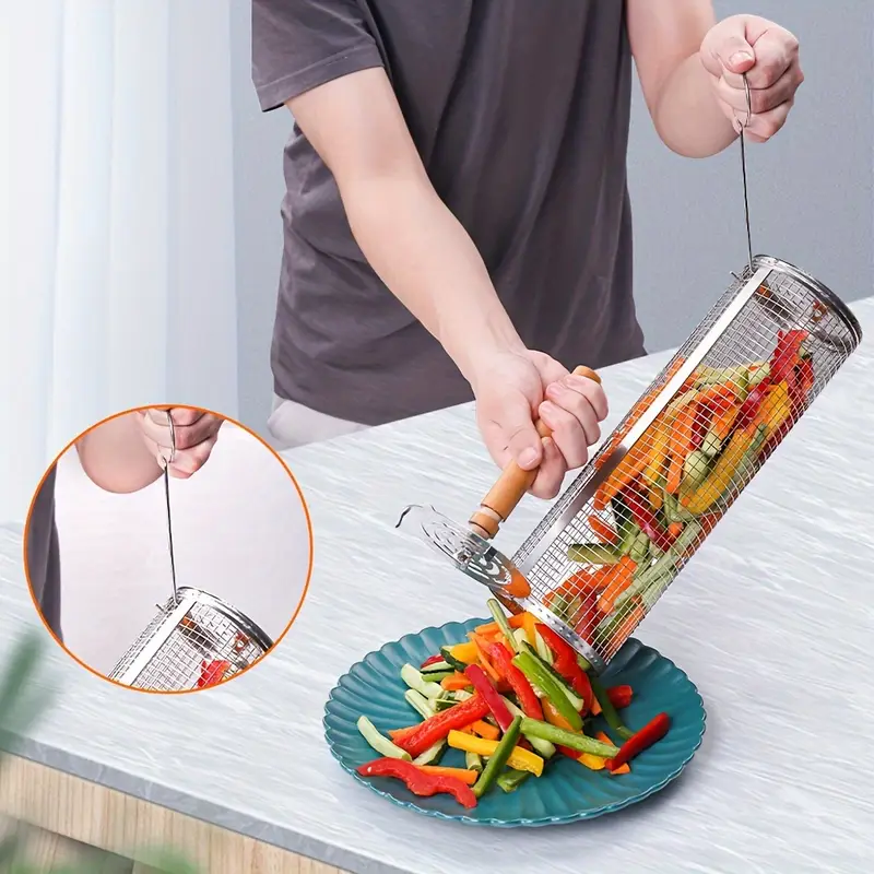 2-Pack Stainless Steel Rotating Grill Baskets with Removable Wooden Handle – Durable 304 Mesh for Veggies, Prawns & More – Perfect for BBQ, Camping & Outdoor — image 2