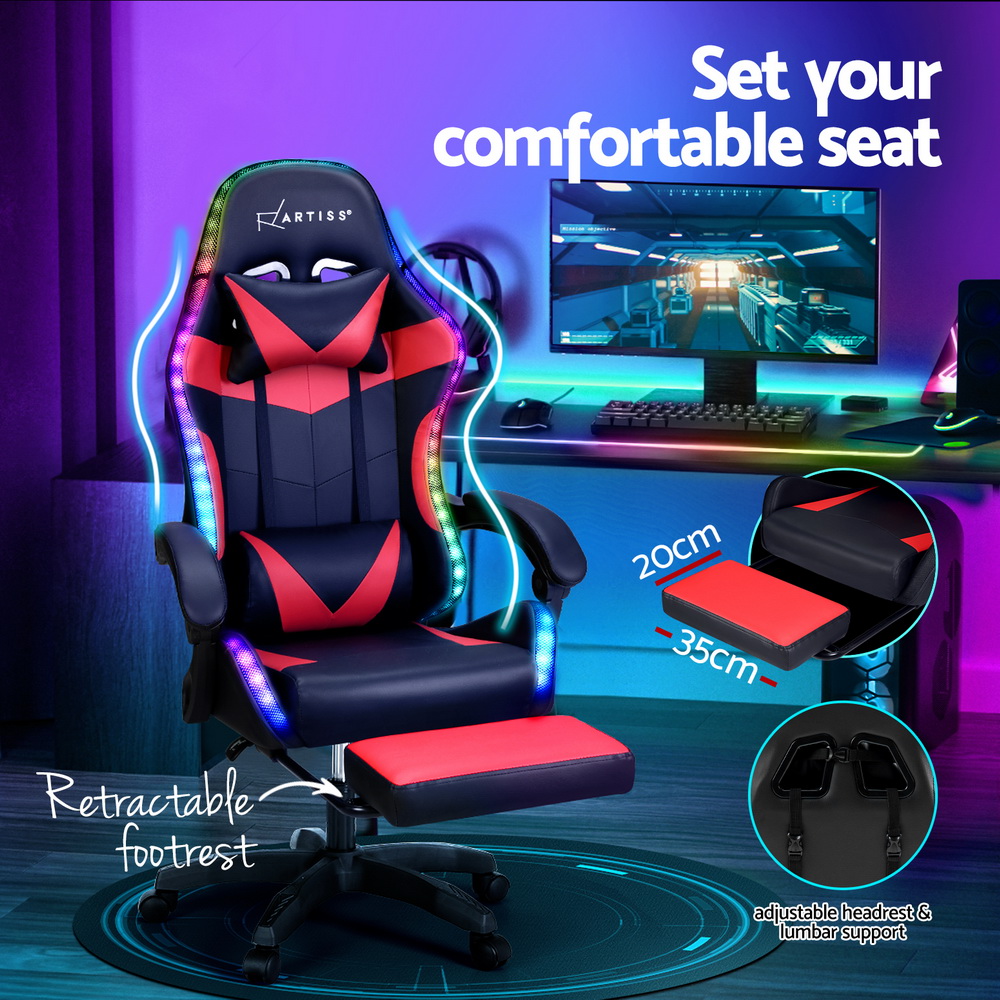 Artiss 6 Point Massage Gaming Office Chair 7 LED Footrest Red โ image 5