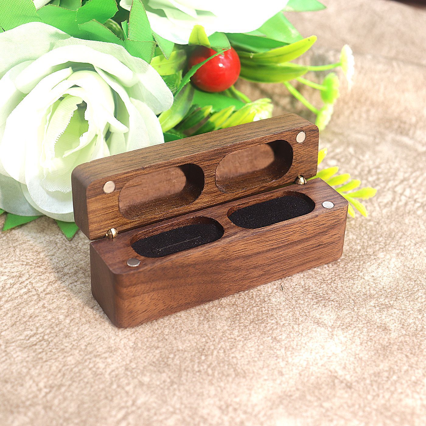 Double Ring Box - Slim Wooden Ring Case Box for Wedding Ceremony Engagement Proposal Ring Bearer Box - Anniversary Birthday Gift Ideas (Black) โ image 4