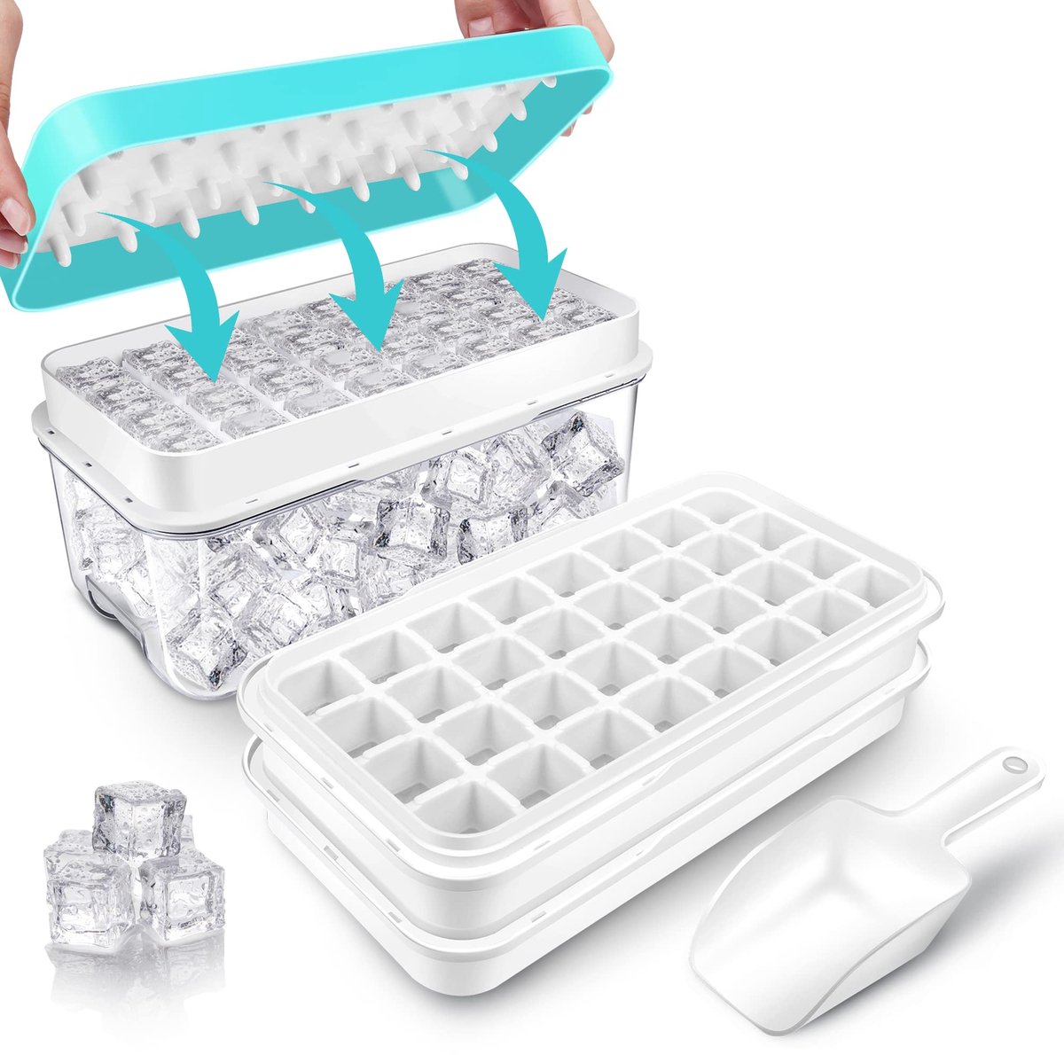 Frozen Ice Cube Trays - Food Grade Ice Cube Molds with Lids - Ice Cube Molds - 2 Layers, Blue - Releases all ice cubes in one second - Ice Cube Molds