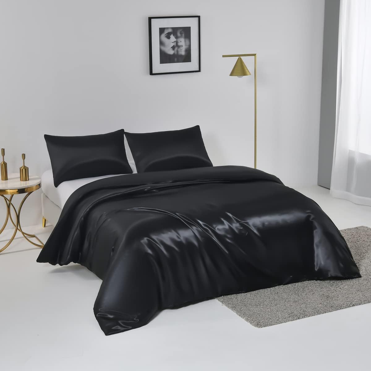 Satin Quilt cover Set Hotel 3 Pieces Quilt cover with Pillowcase, Art Silk Bedding Set-Luxury Soft Silky pillowcase for Hair and Skin, Similar to Silk — image 2