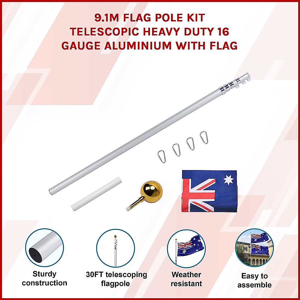 9.1m Flag Pole Kit Telescopic Heavy Duty 16 Gauge Aluminium with Flag โ image 3