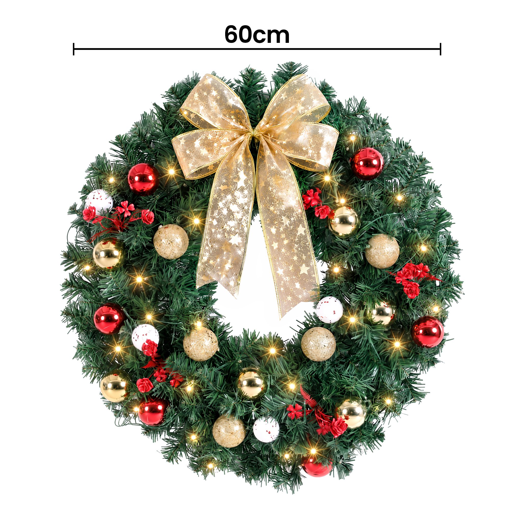 Jingle Jollys Christmas Wreath 60CM LED Garland Berries Bow Baubles Xmas Decor — image 2