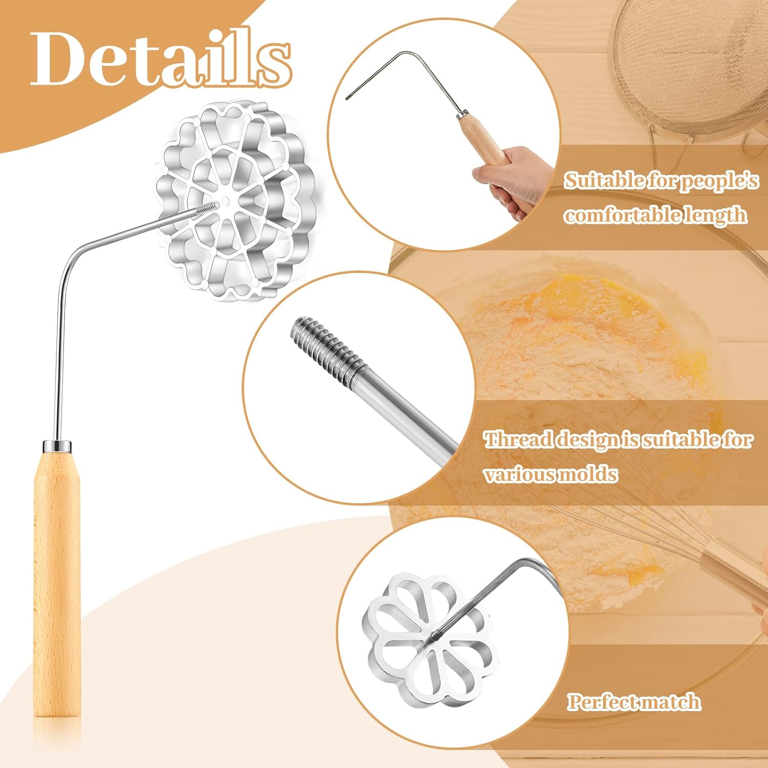 6 Pcs Rosette Iron Mold Set Bunuelos Mold with Handle Cooking Stamp Maker Kit Cookie Cutter Aluminum Alloy Waffle Maker with 3 Interchangeable Head Star Flower โ image 3