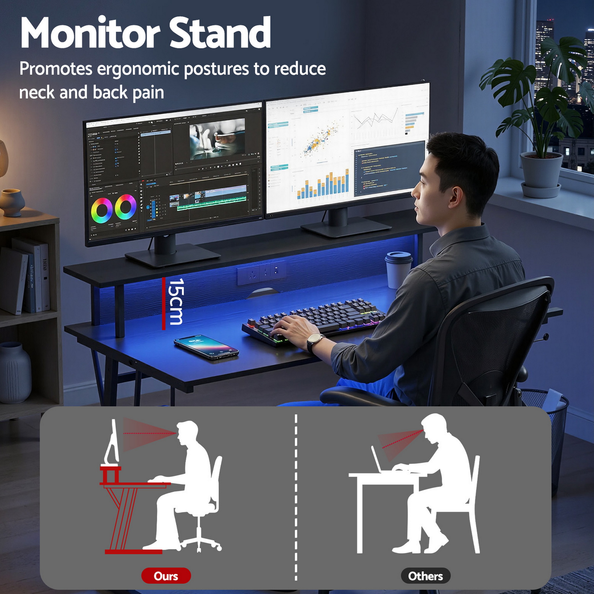 Artiss Gaming Desk with LED Lights Computer Desk Table with Monitor Shelf Power 120cm — image 6