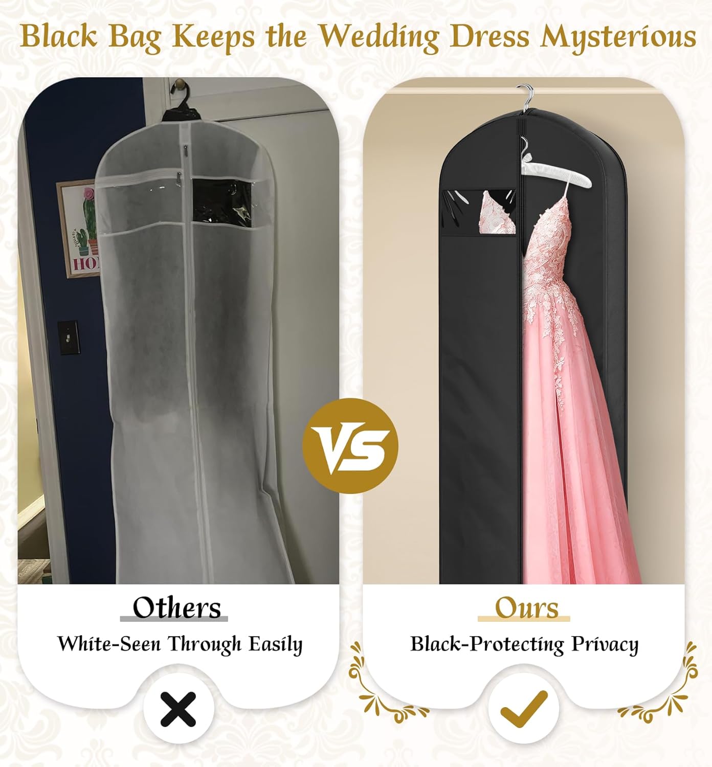 72" Wedding Dress Garment Bag for Travel with 4" Gusseted Long Hanging Dress Bags for Gowns for Women Garment Cover Clothes Storage for Closet, Black — image 3