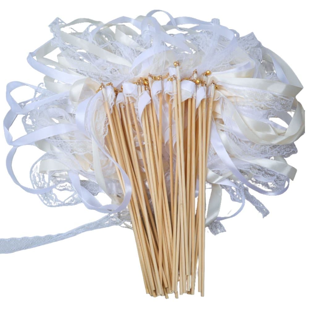 30 Pack Satin & Lace Ribbon Wands with Bells for Wedding & Party Decor, 30cm Beige