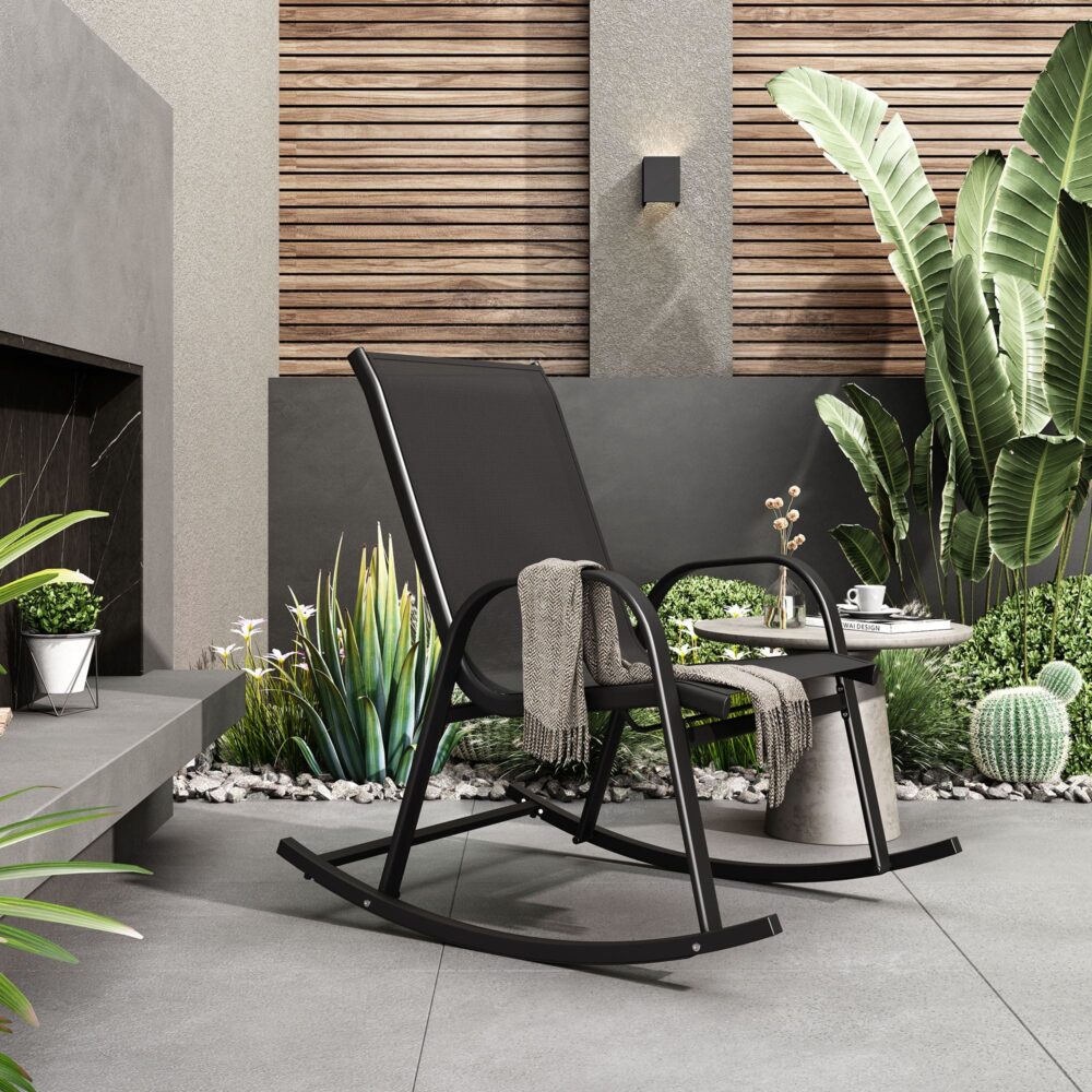 Rocking Chair High Back Rocker Chairs Steel Metal Textilene Fabric-Black — image 3