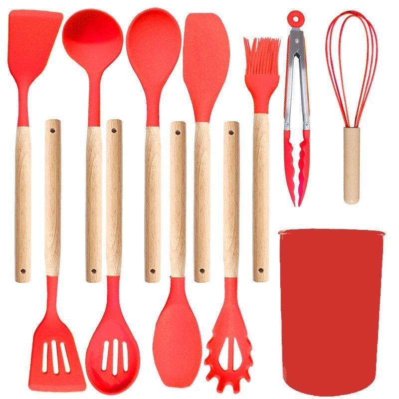 Silicone Kitchen Utensils 12‑Piece Set Red,Heat‑Resistant Spatula and Spoon Kit for Non‑Stick Pan,Everyday Household Cooking Tool,Christmas Halloween Party