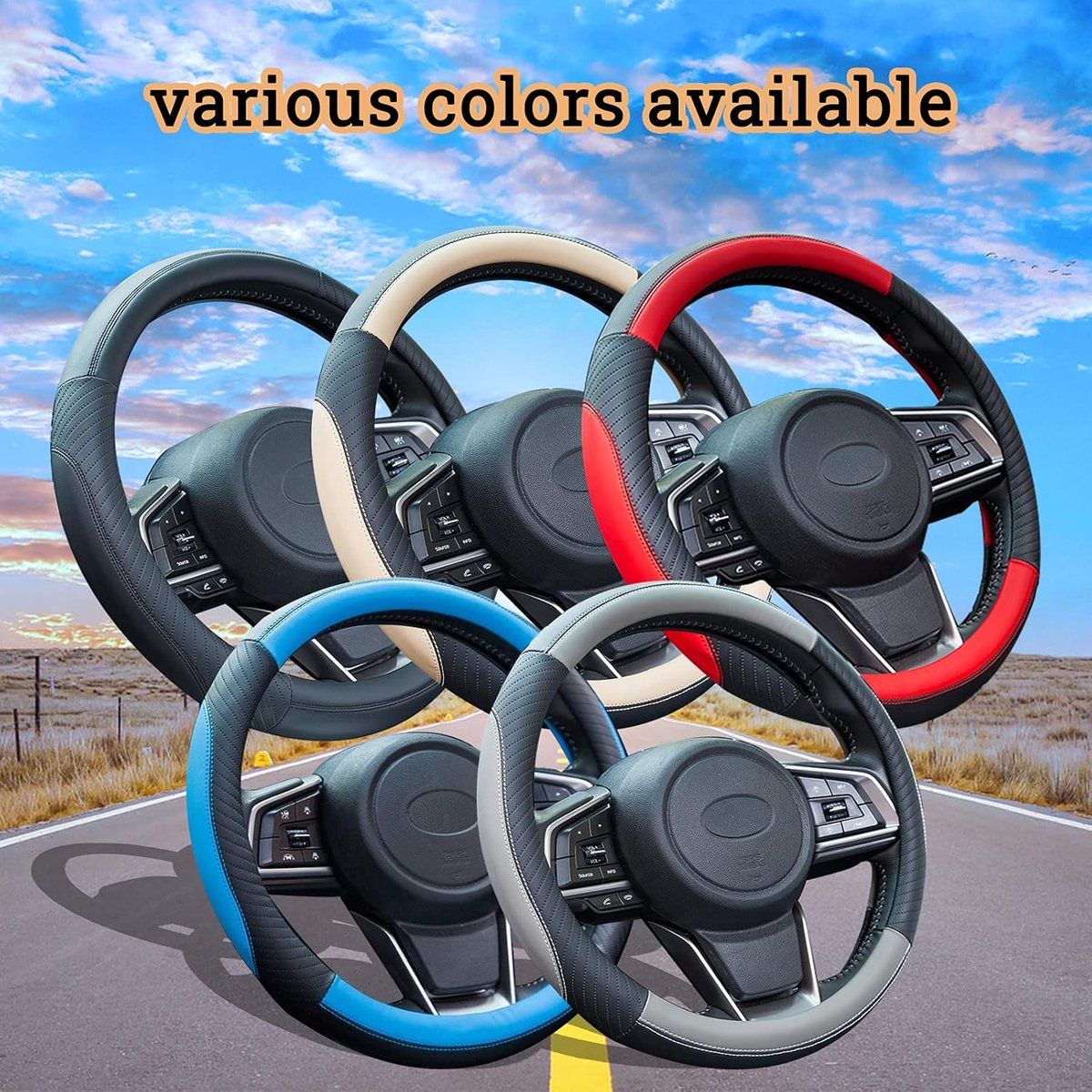 Steering Wheel cover, Leather steering wheel cover for the car steering wheel 37 to 38 cm, anti, slip, universal, black โ image 3